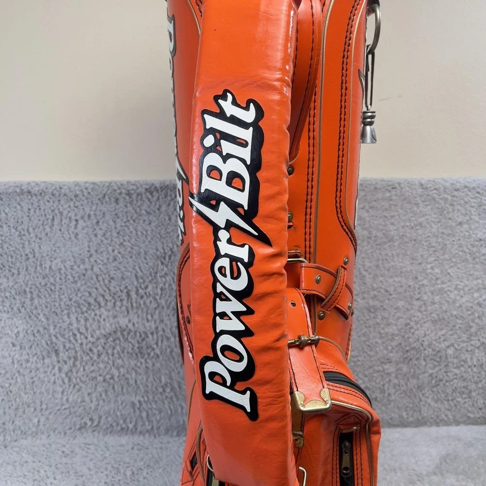 Vintage PowerBilt H & B Staff Golf Carry Bag Mens Orange Faux Leather 6-Way Hood